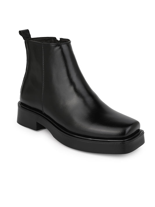 Fentacia Women Black T-Shape Zip Closure Chelsea Boots