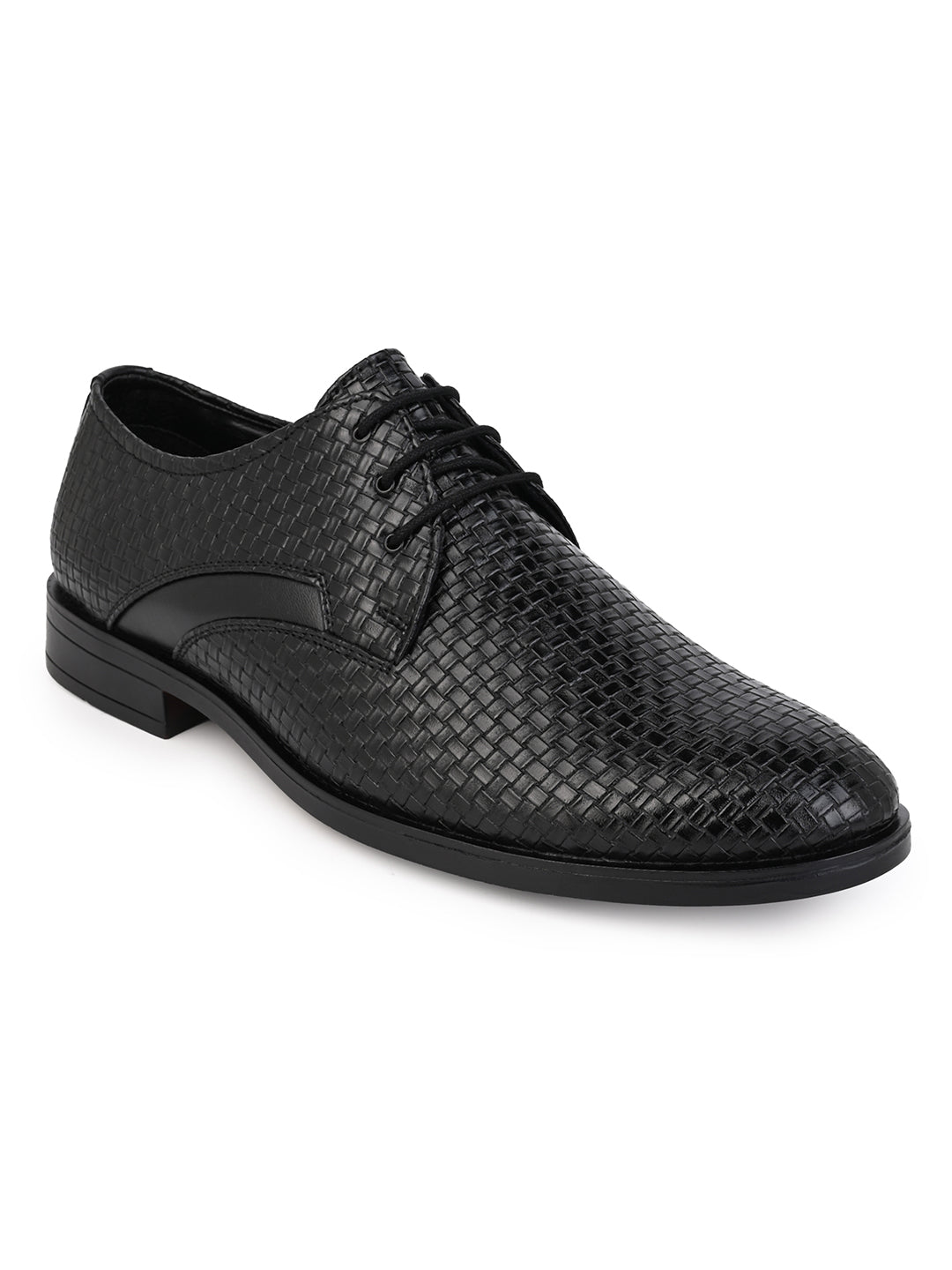 Fentacia Men Classic Black Formal Woven Design Derby Shoes