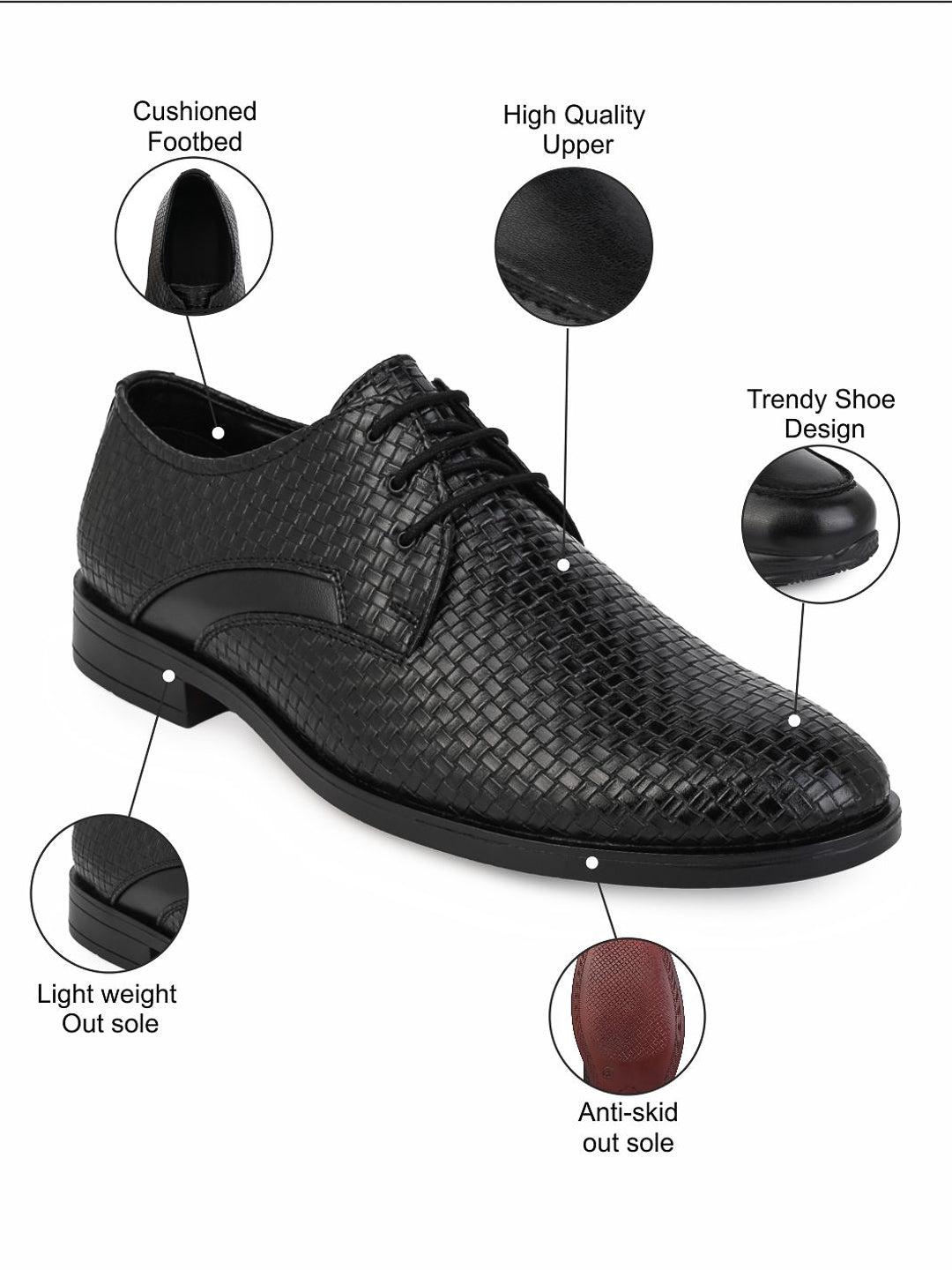 Fentacia Men Classic Black Formal Woven Design Derby Shoes