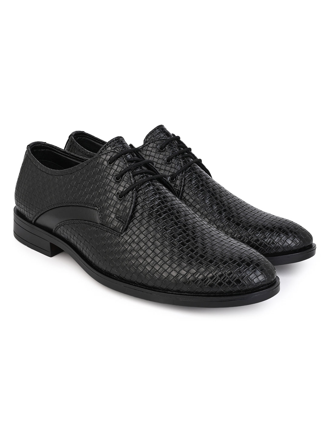 Fentacia Men Classic Black Formal Woven Design Derby Shoes